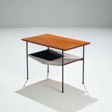 Sidetable with teak top and black and white storage shelves