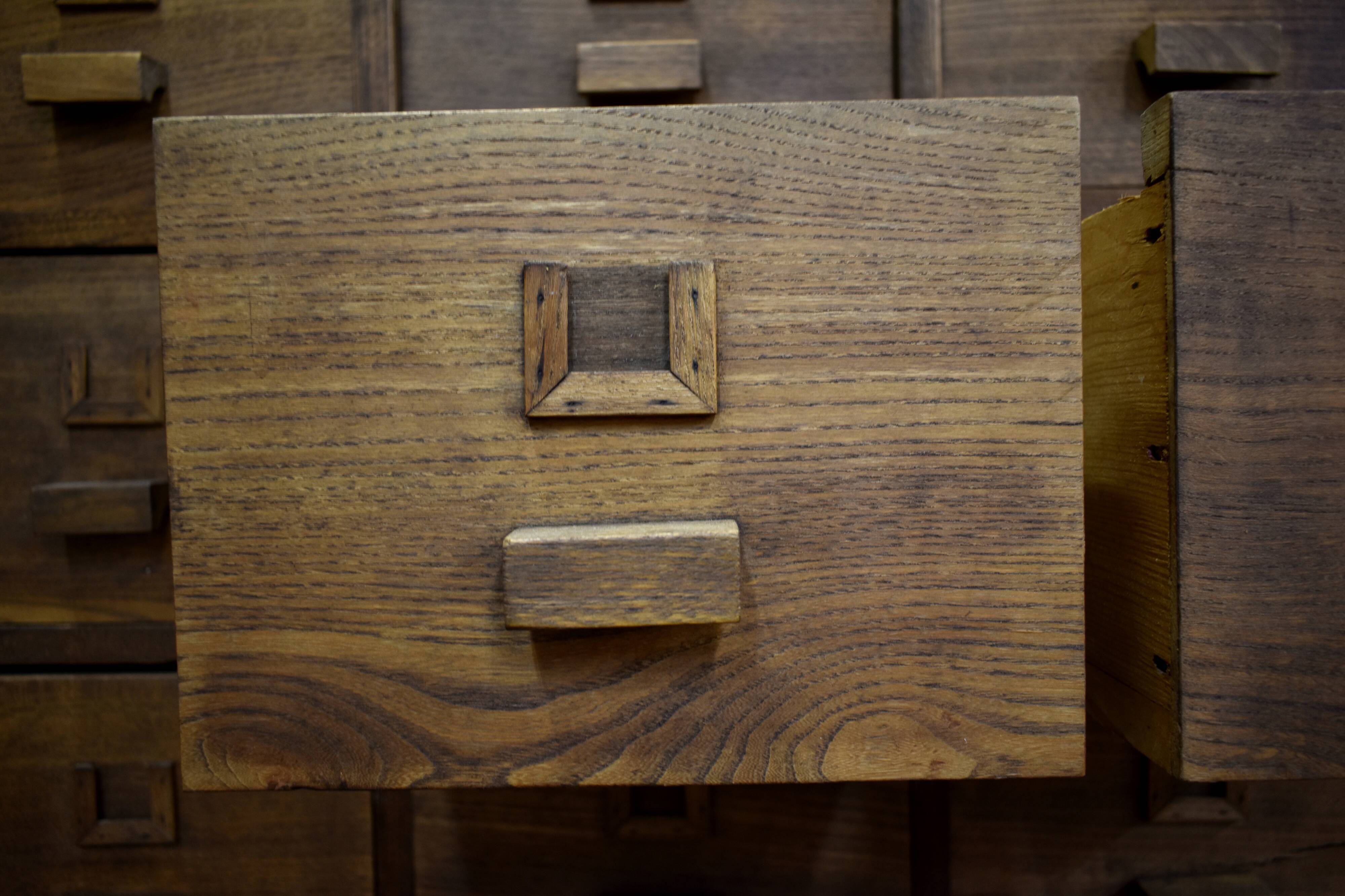 Mid century wooden apothecary drawers, 1940s, 50s