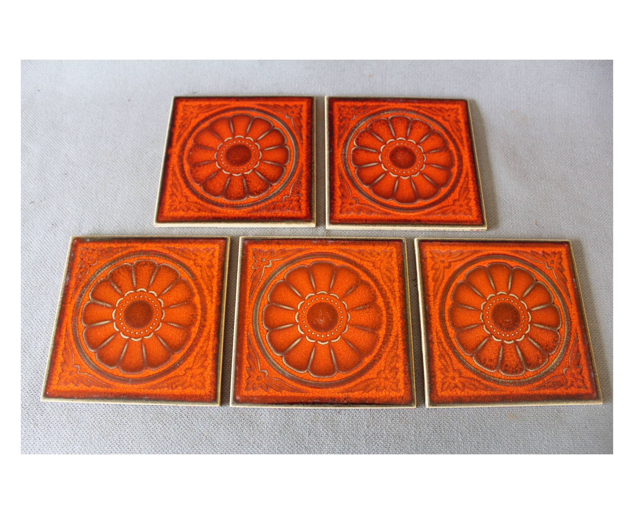 Vintage 5 Villeroy and Boch small tiles, 1960s-70s, orange flowers