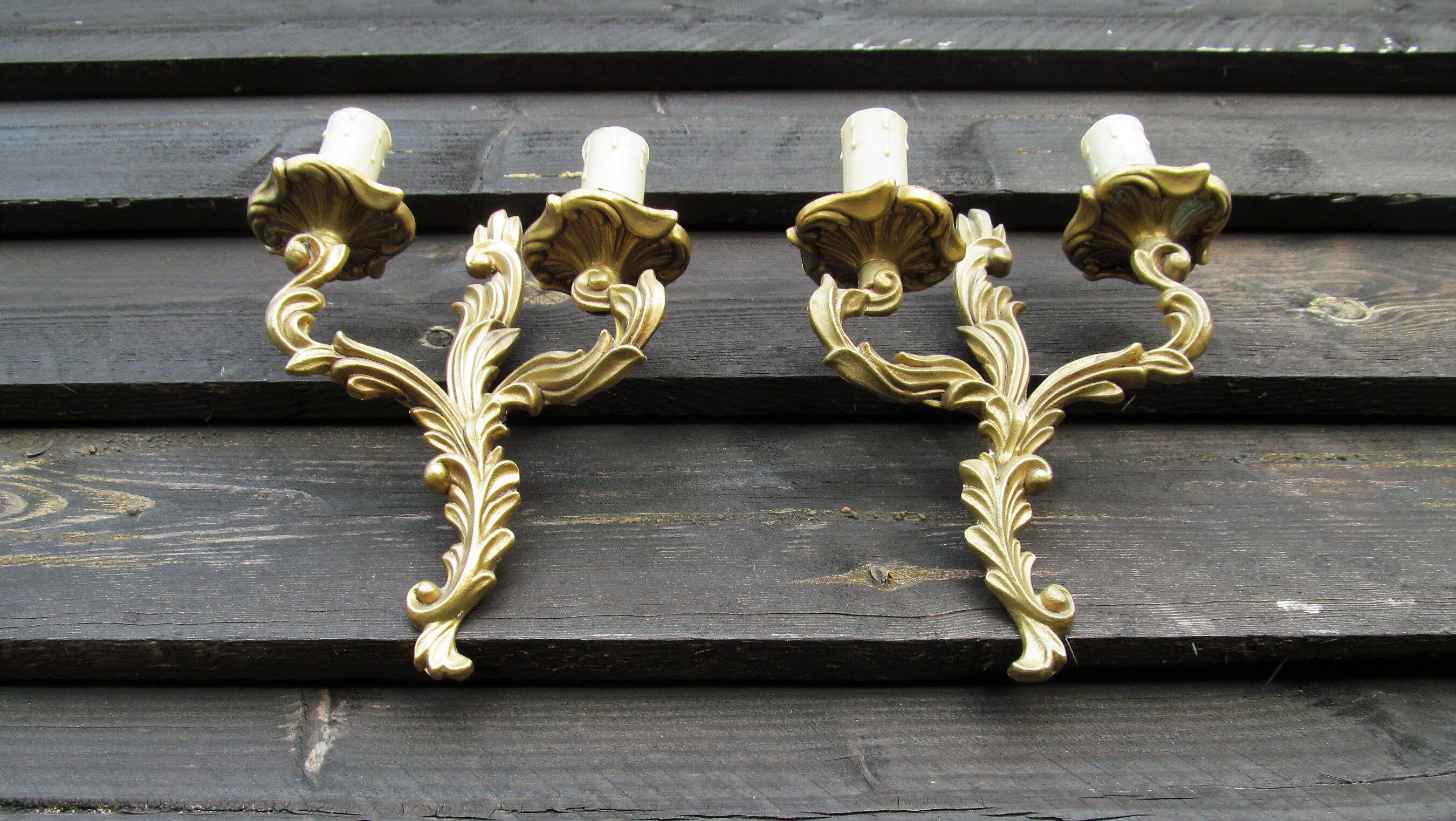 Petite pair of vintage French bronze brass mix 2 arm wall lights sconces revamp rewire