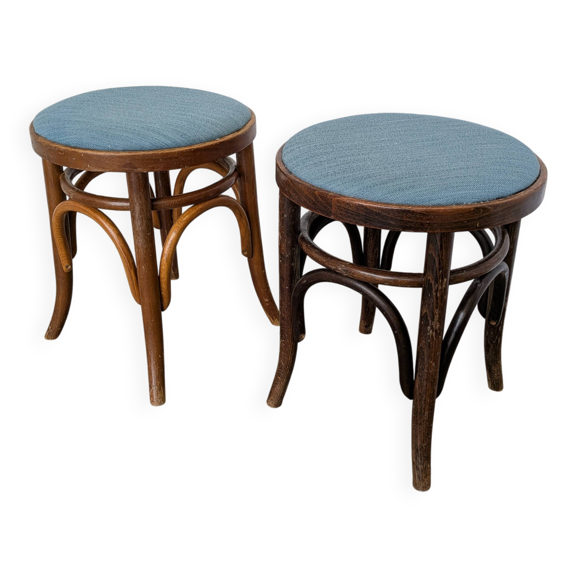 Pair of Vintage Bentwood Stools / Thonet Style / Upholstered Seat in Blue