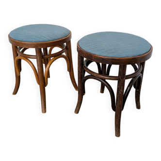 Pair of Vintage Bentwood Stools / Thonet Style / Upholstered Seat in Blue