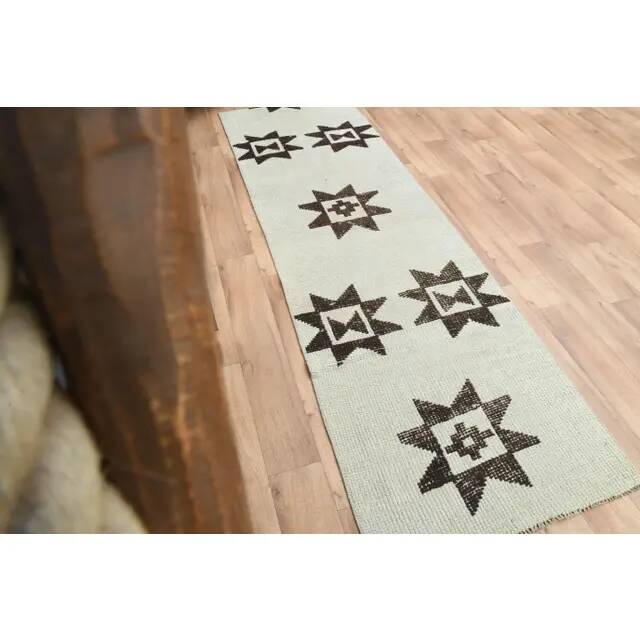 1970s Vintage Turkish Oushak Handmade Wool Cotton Beige Runner Rug 88x279