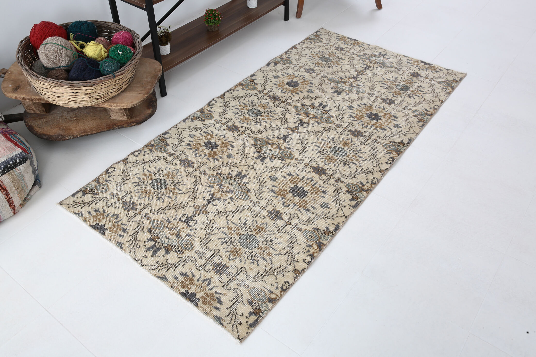 Dark gray & beige vintage rug, 206x102 cm