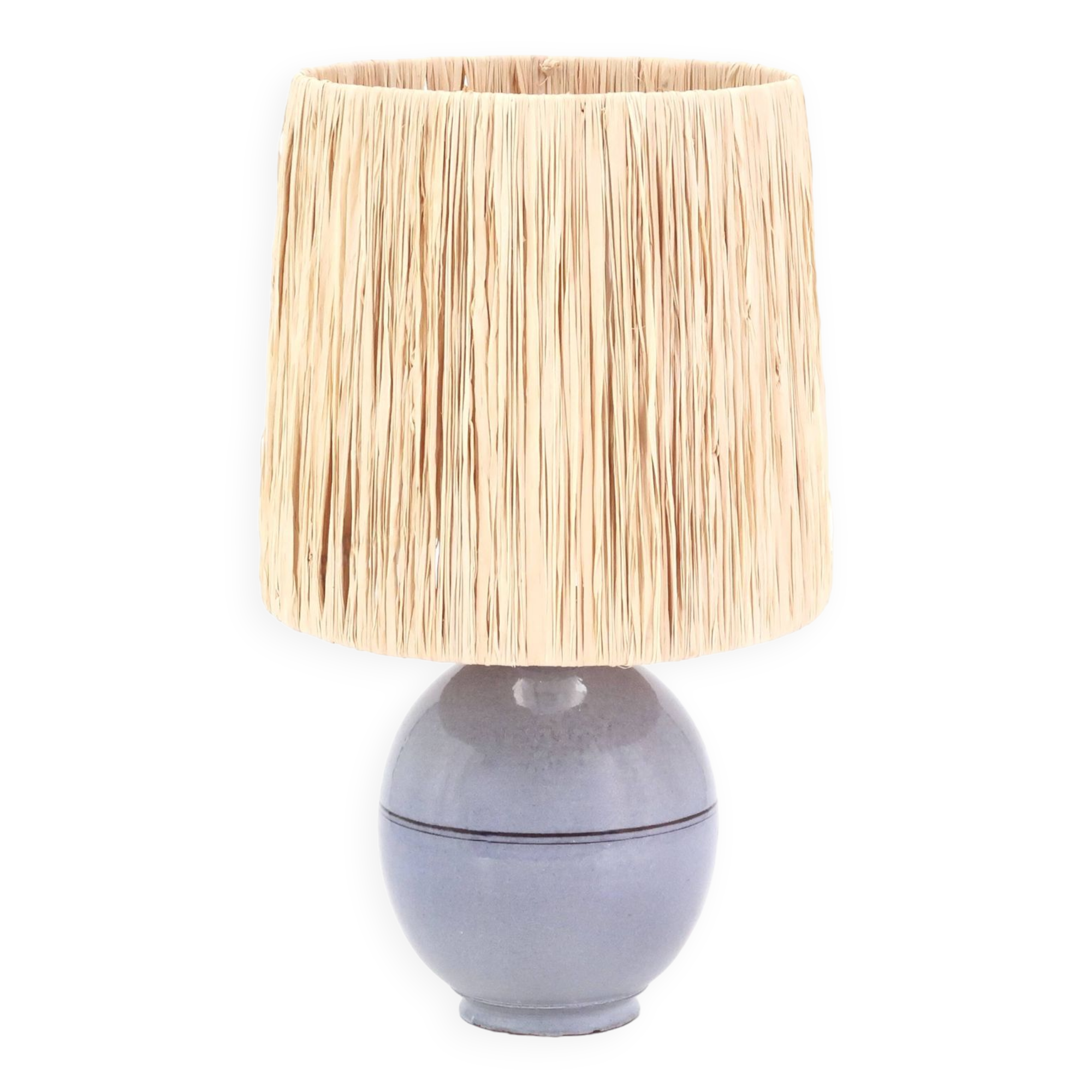 Blue ceramic lamp, raffia lampshade, 1960s