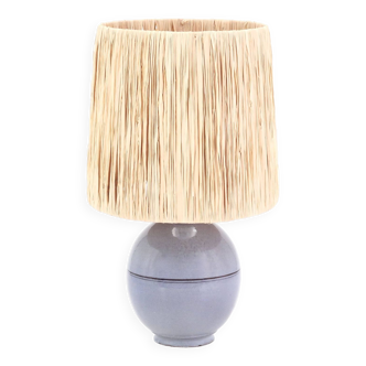 Blue ceramic lamp, raffia lampshade, 1960s