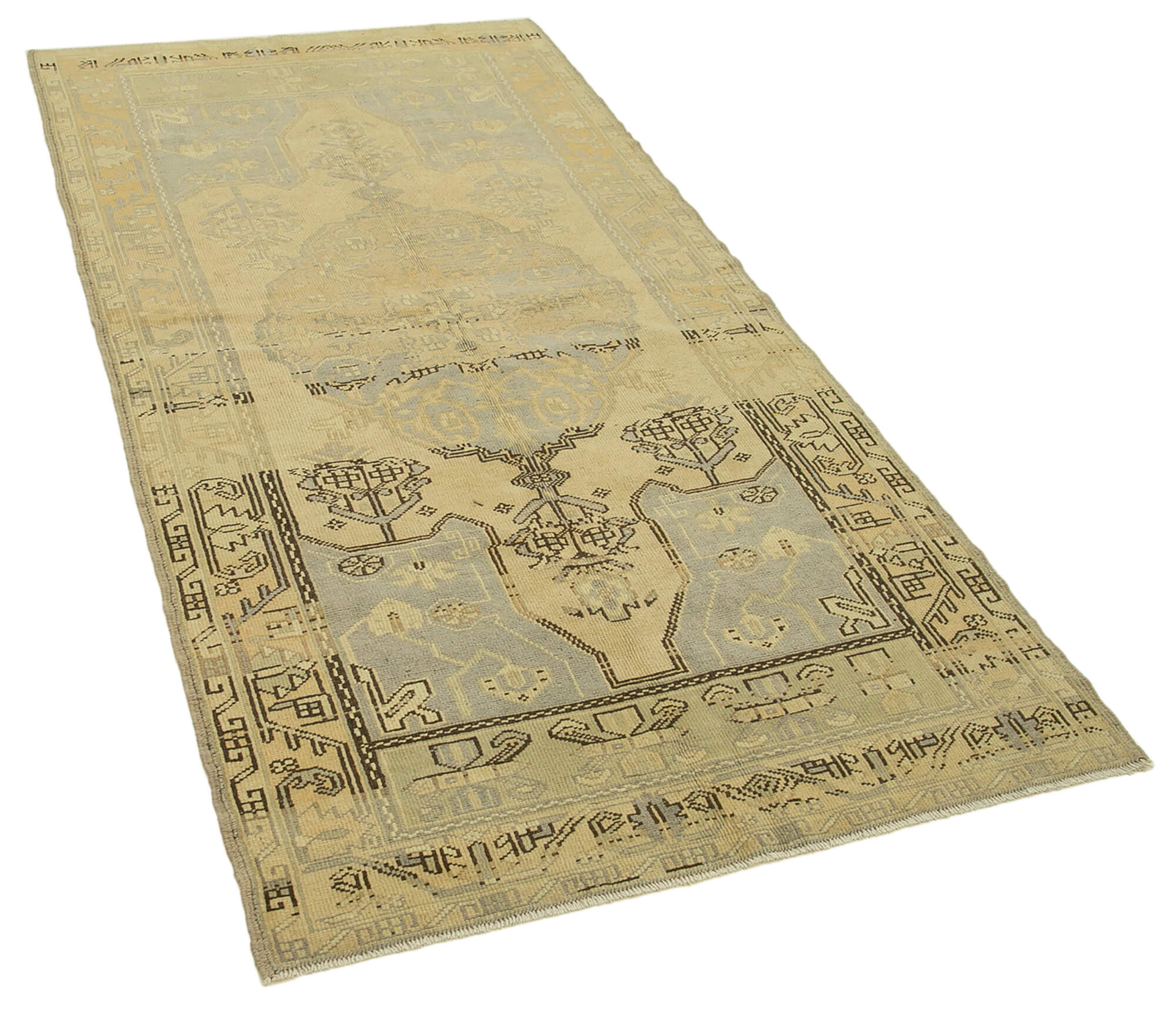 1950s Hand-Knotted Decorative Turkish Beige Carpet 105 cm x 210 cm