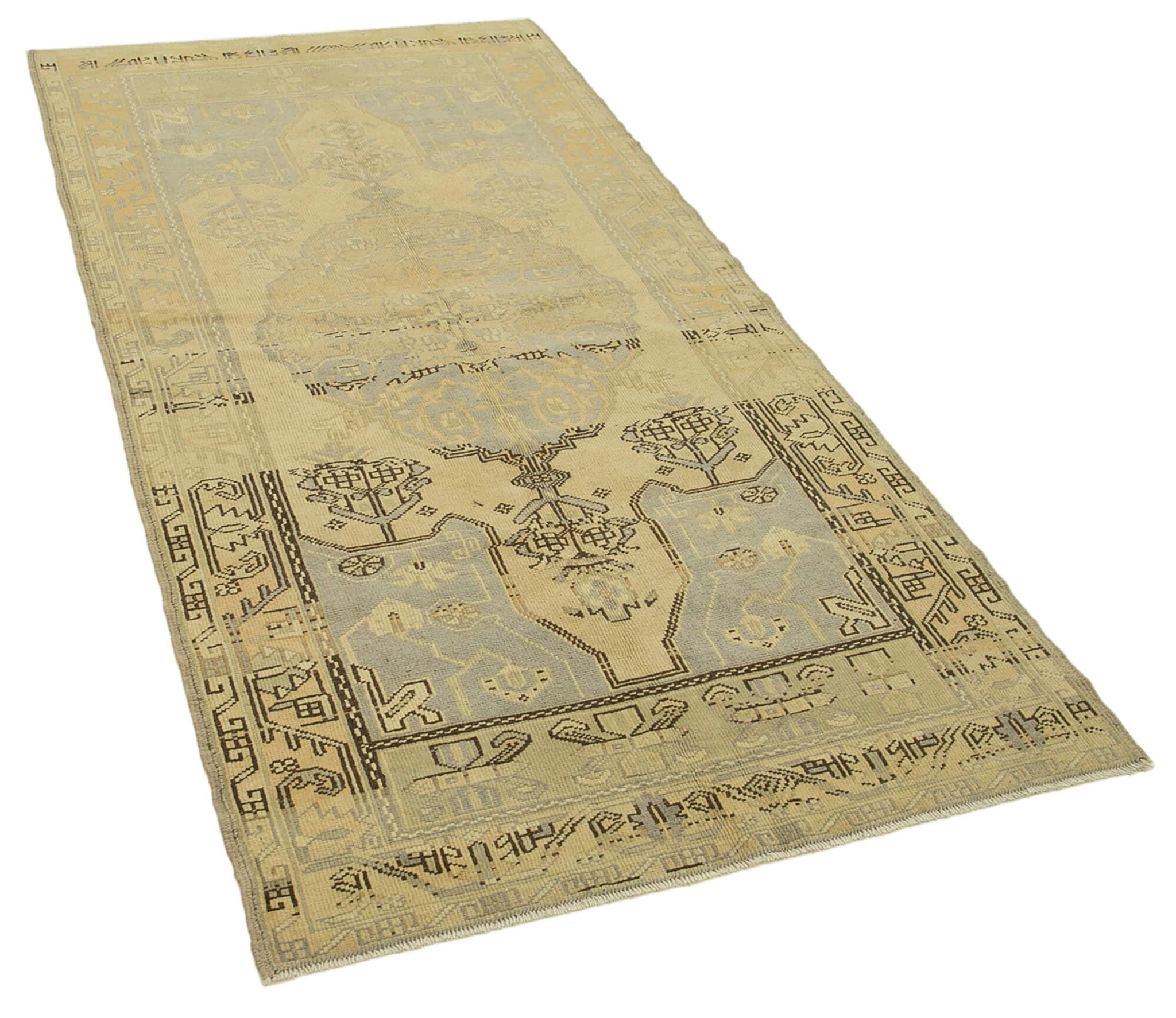 Tapis décoratif beige turc noué à la main 105 cm x 210 cm 1950s