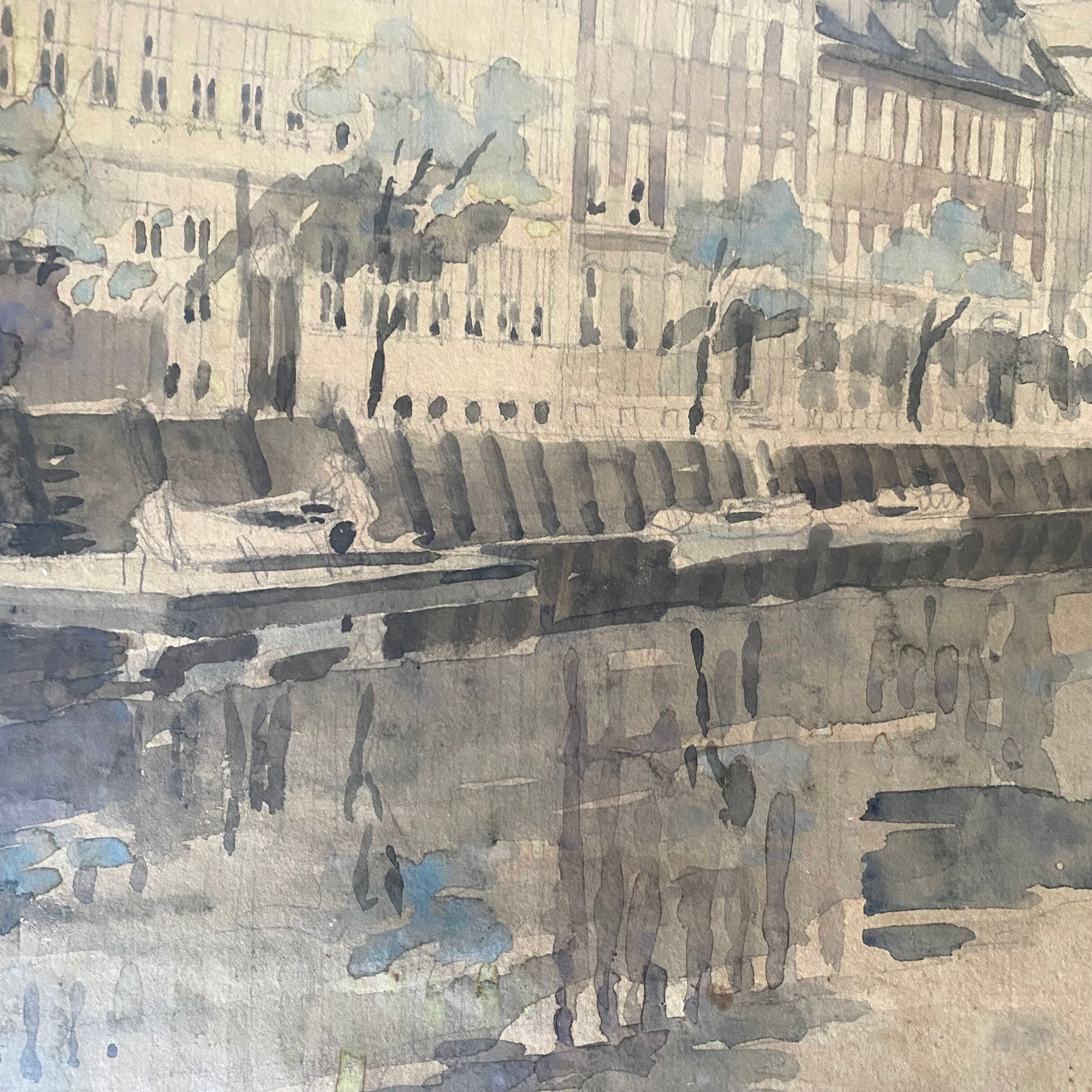 Old framed river watercolor 45.5 X 59