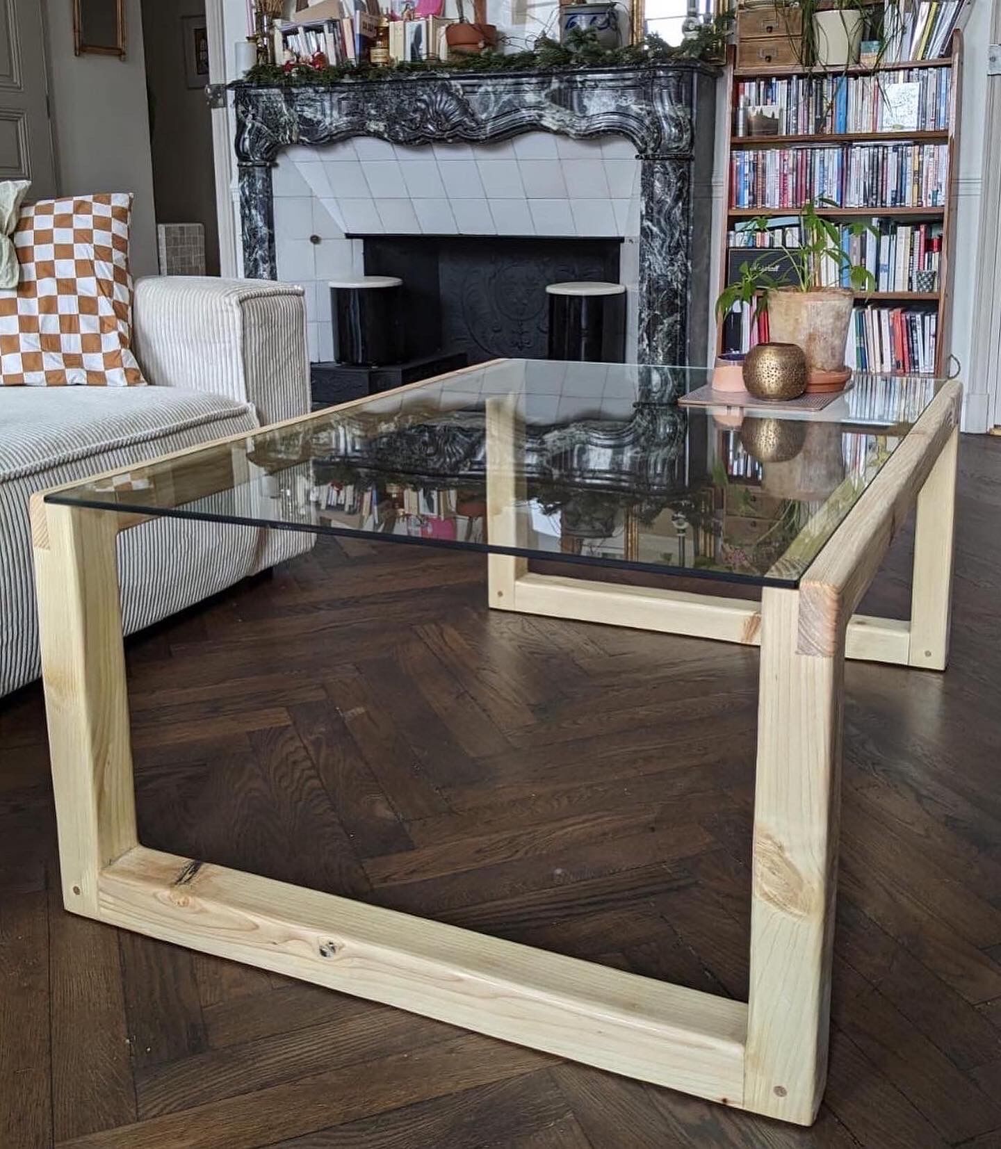 Solid wood table (pine) and glass top