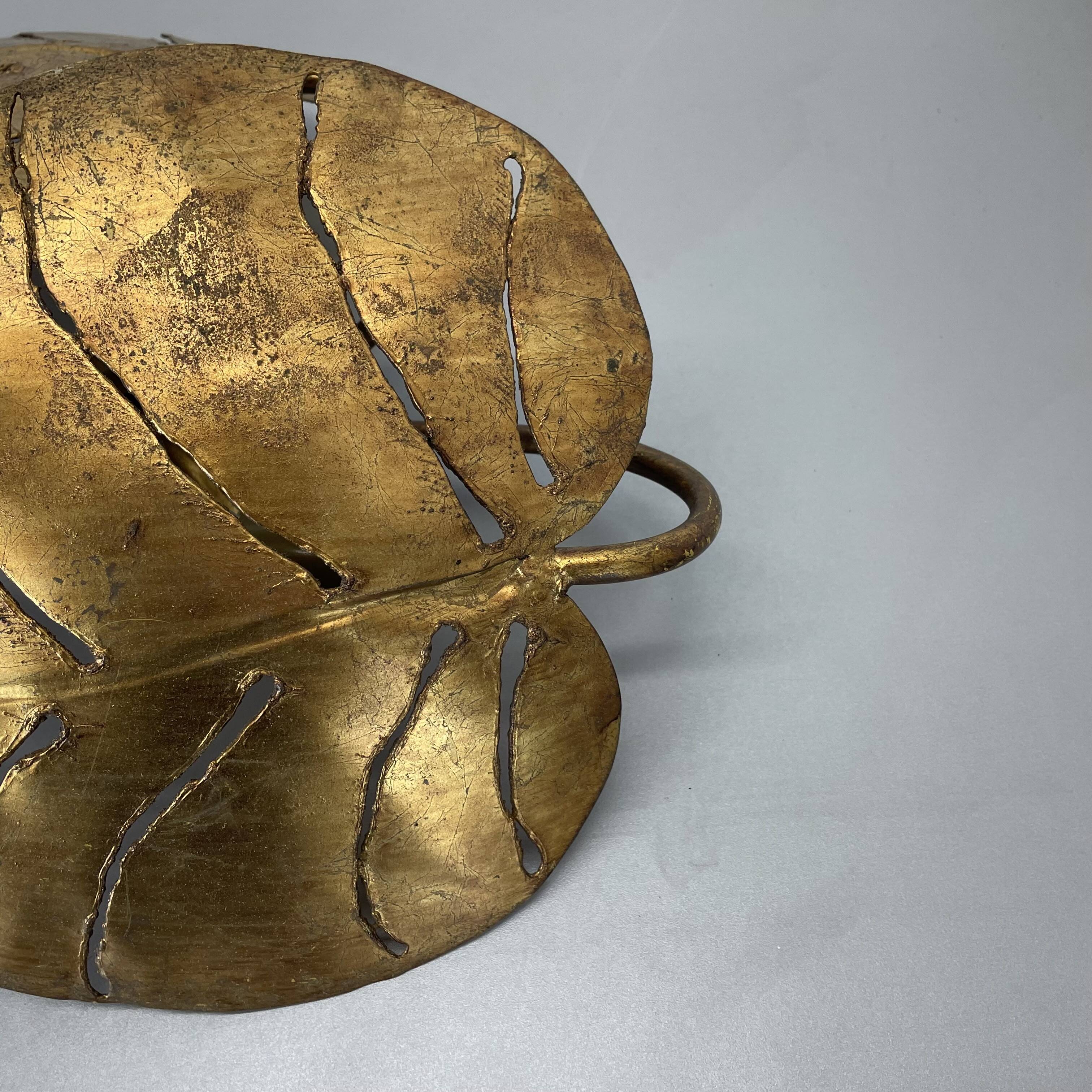 Golden metal "monstera" leaf wall light sconce, france, 1970s