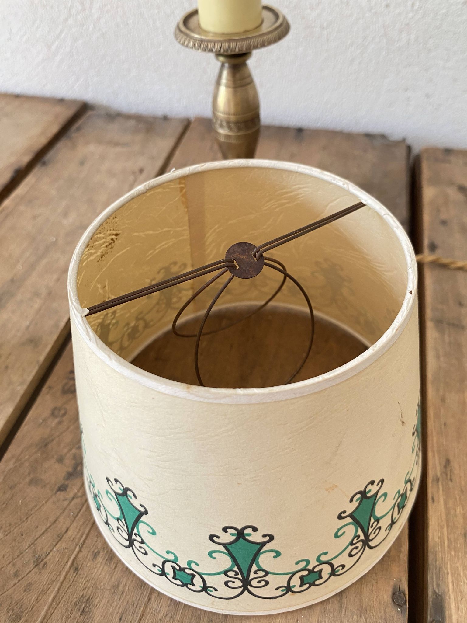 Pair of brass lamps, new 2M fabric cables, paper lampshades