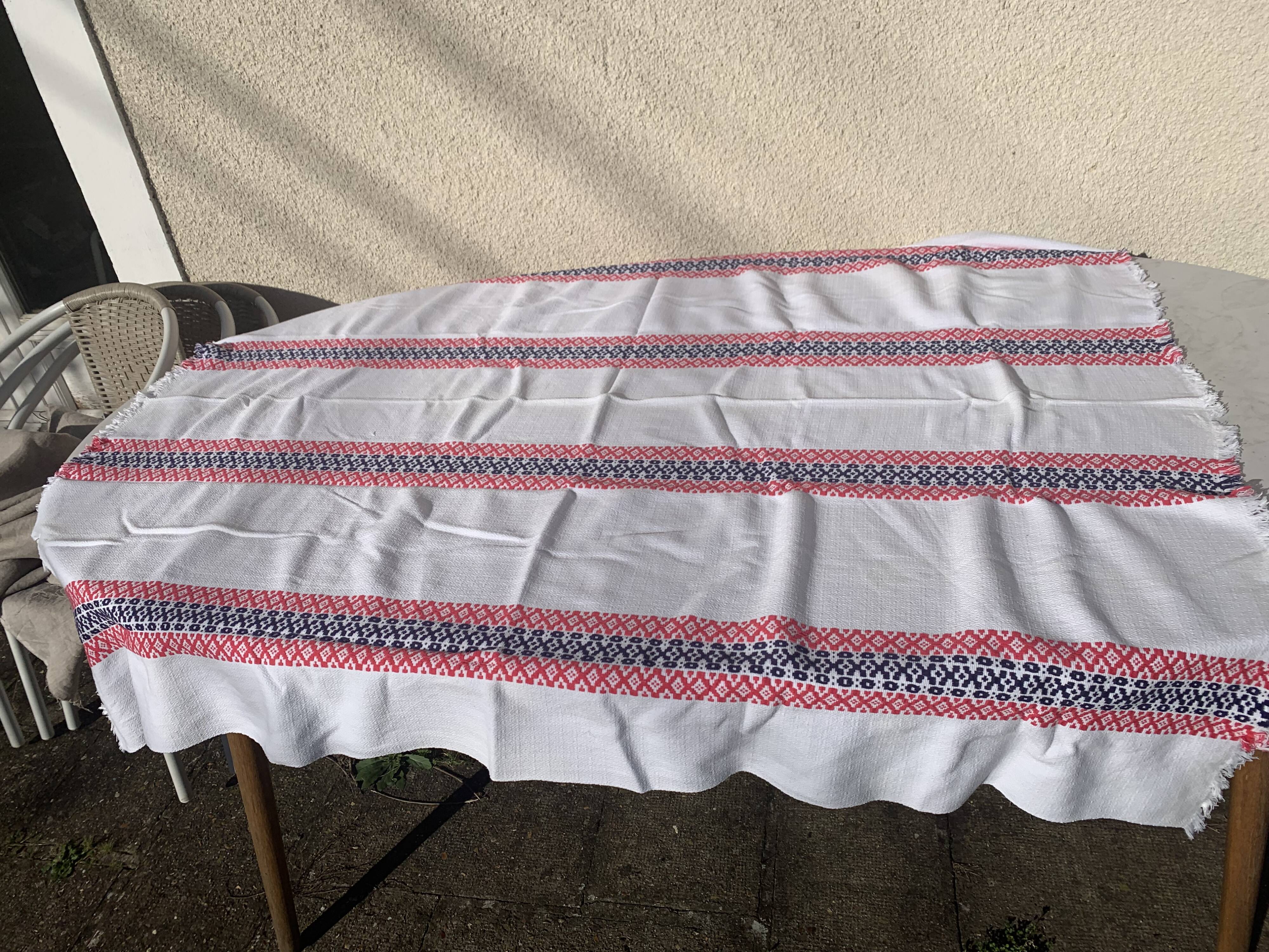 Rectangular tablecloth, Basque linen, original, pink and indigo blue frieze pattern on white cotton