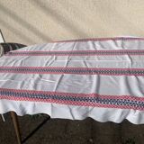 Rectangular tablecloth, Basque linen, original, pink and indigo blue frieze pattern on white cotton