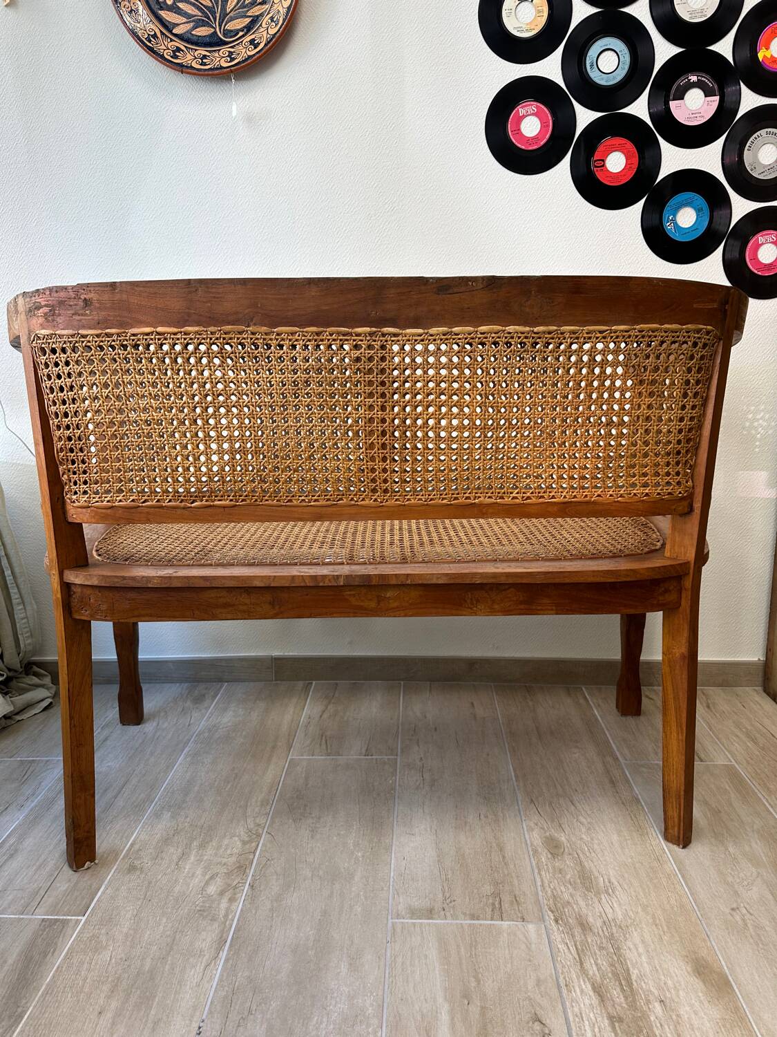 Art Deco wooden and cane bench