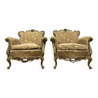 Paire de fauteuils vénitiens de style louis XV en bois doré vers 1950