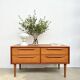Lowboard teak 4 drawers — Mid-century lines, tapered legs, 1960s