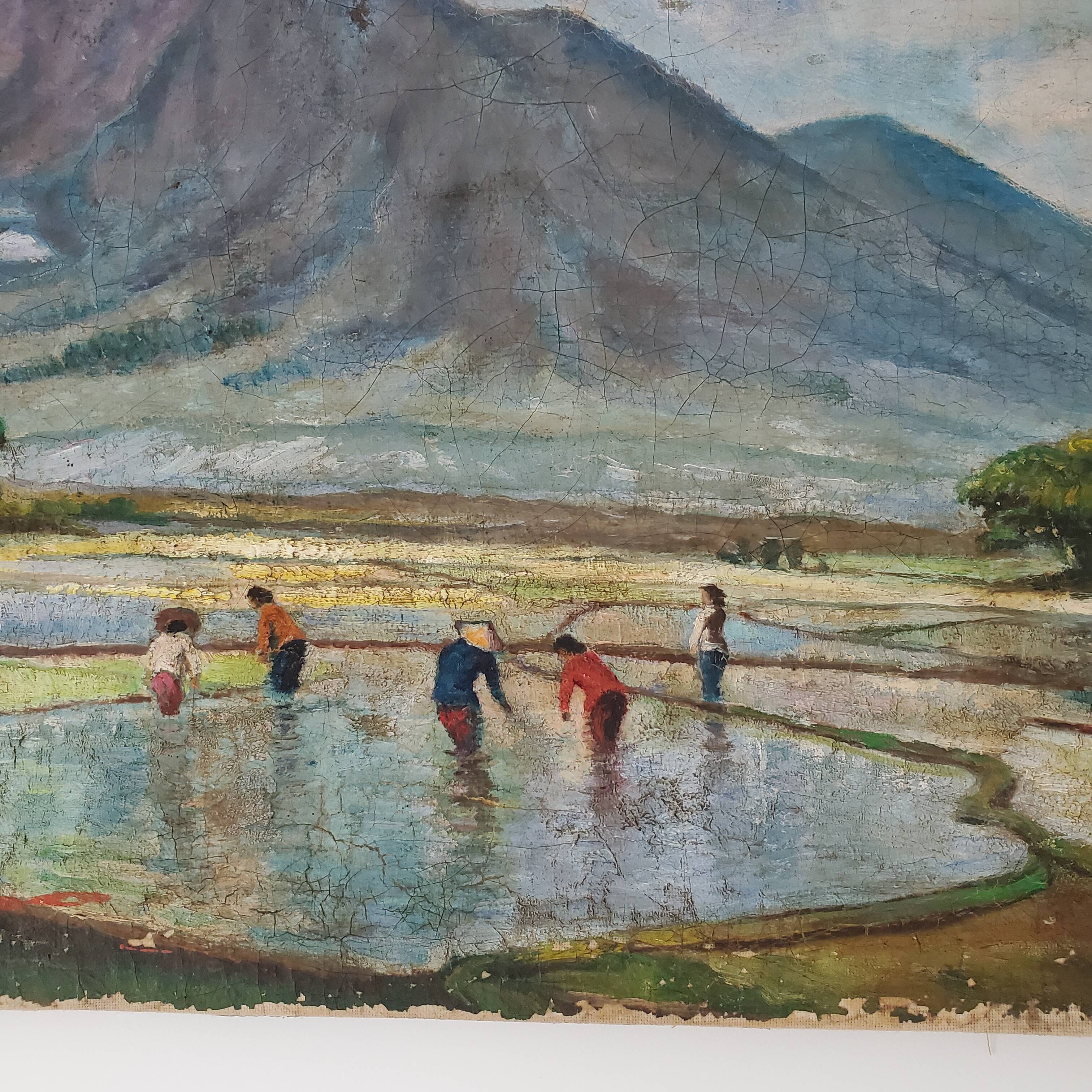 Tableau ancien peinture paysage de rizières et montage