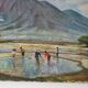 Large old painting landscape painting of rice fields and mounting
