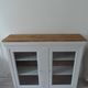 Showcase, bookcase, dresser style louis philippe patinated pearl gray, 2 glass doors.