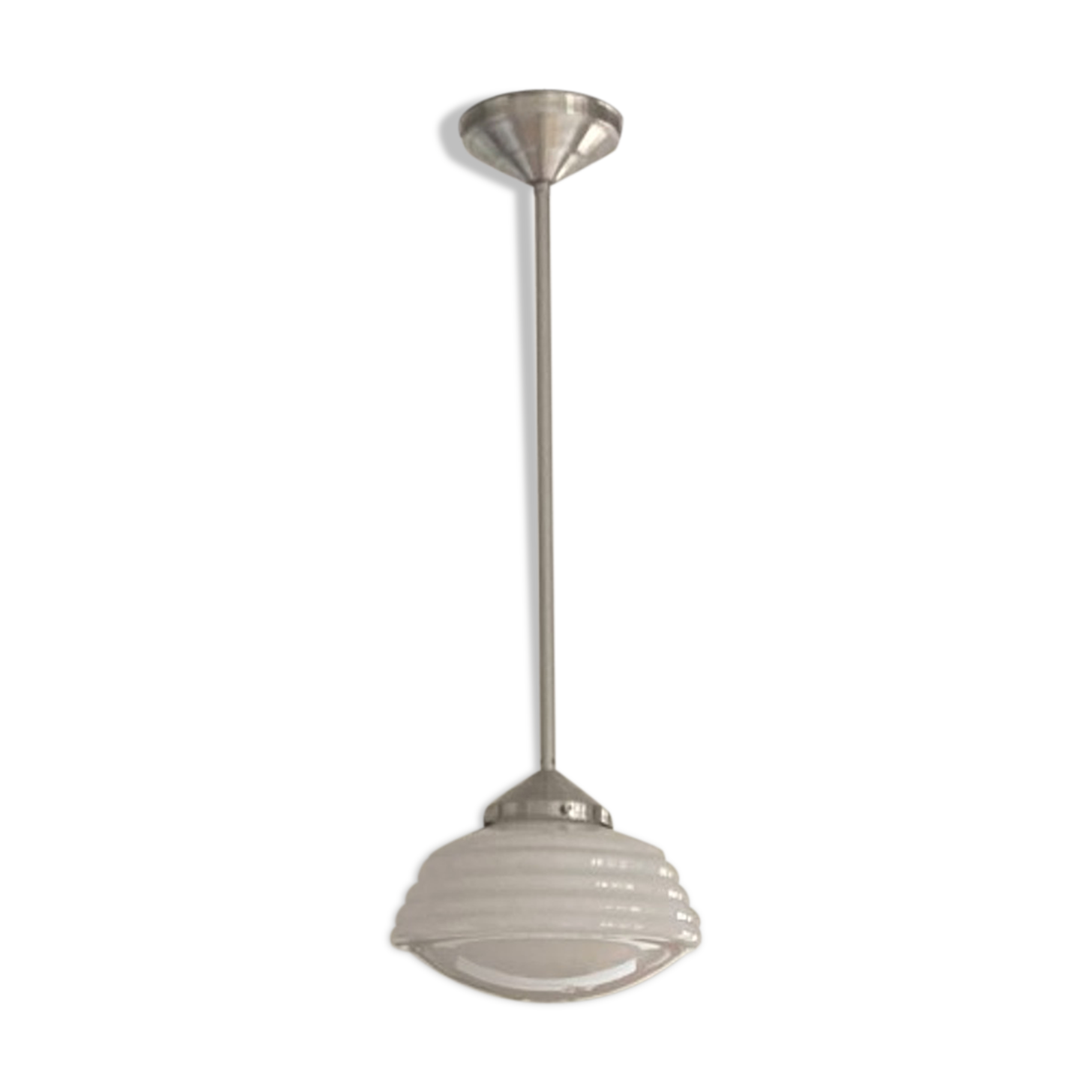 Suspension plafonnier en opaline blanche tige aluminium, 1950,1960