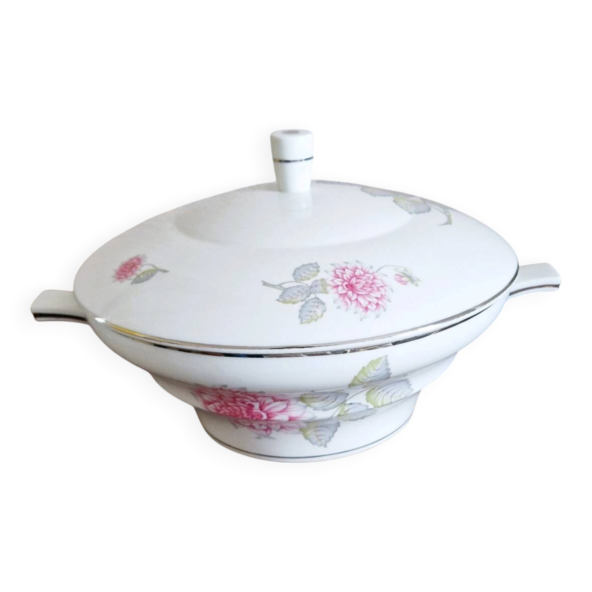 White porcelain soup tureen by Haviland with Dahlia patterns.