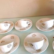 White porcelain coffee service with golden flowers / vintage 50s-60s