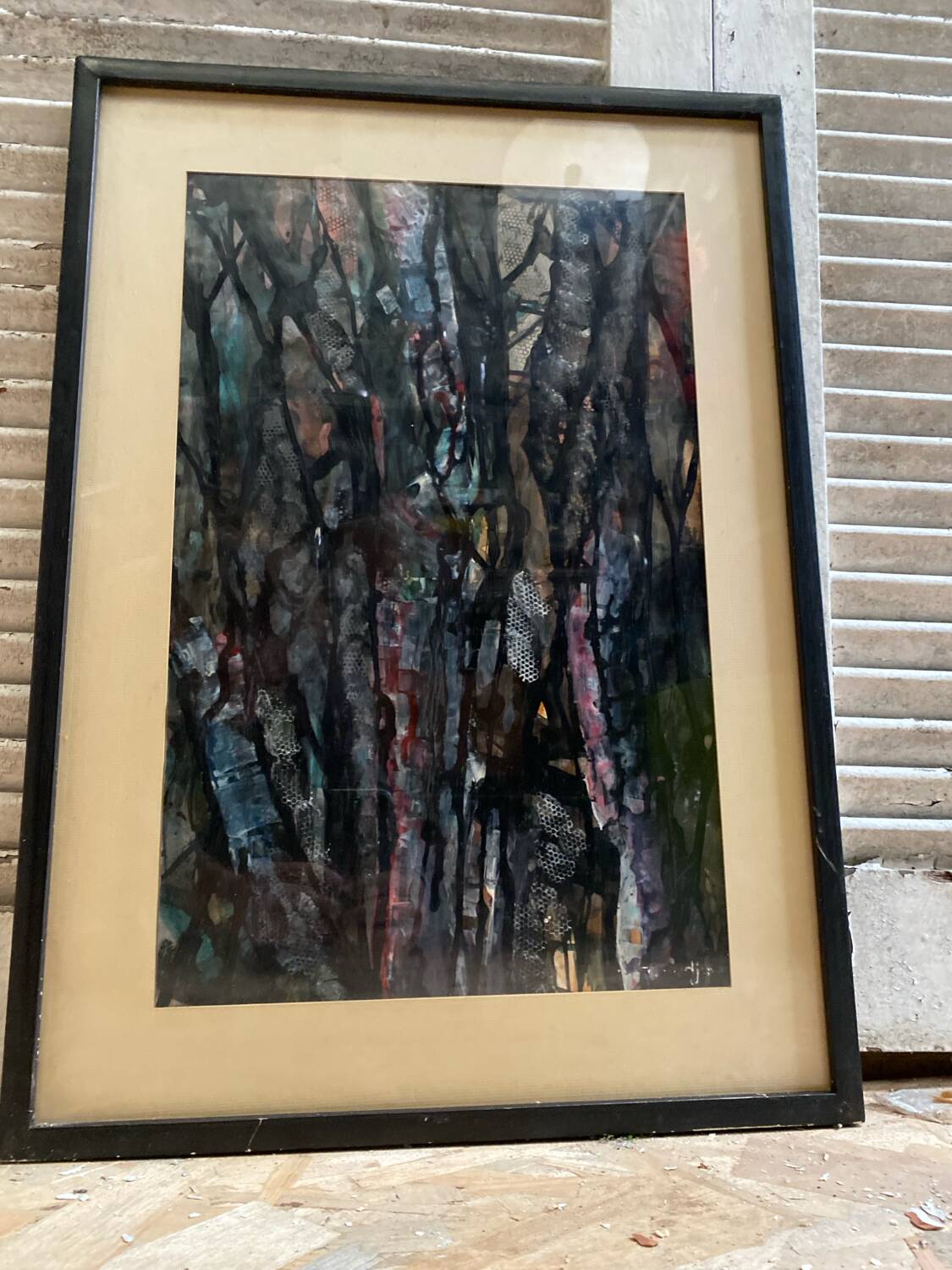 Old Abstract Oil On Paper Signed + Black Wood Frame #B548