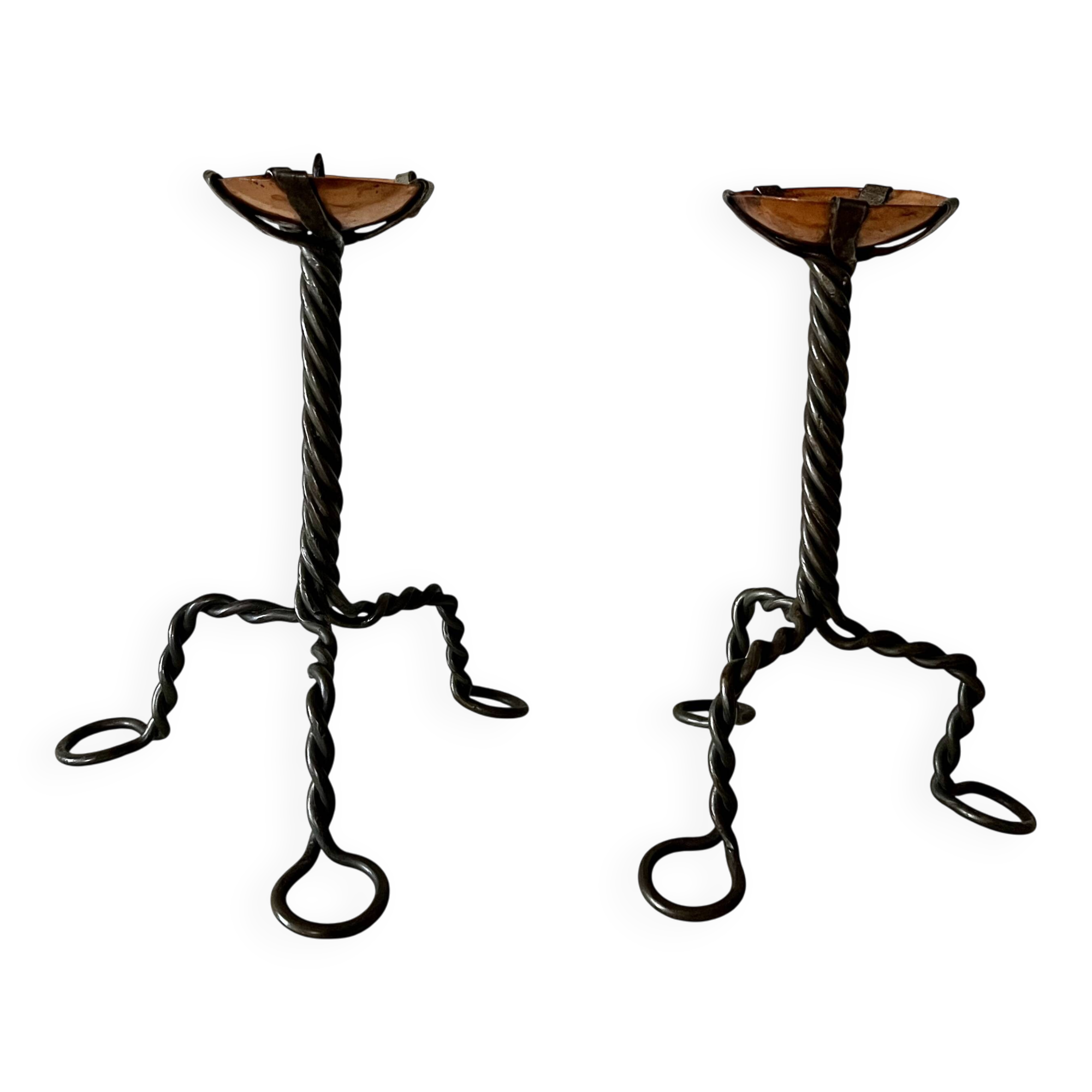 Pair of Arts & Crafts vintage antique candlesticks in wrought iron & copper