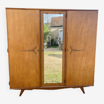 Armoire en chêne 3 portes miroir pieds compas