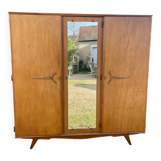 Armoire en chêne 3 portes miroir pieds compas