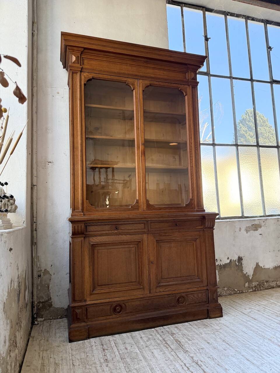 Antique XL Napoleonic oak glass bookcase, 19th century