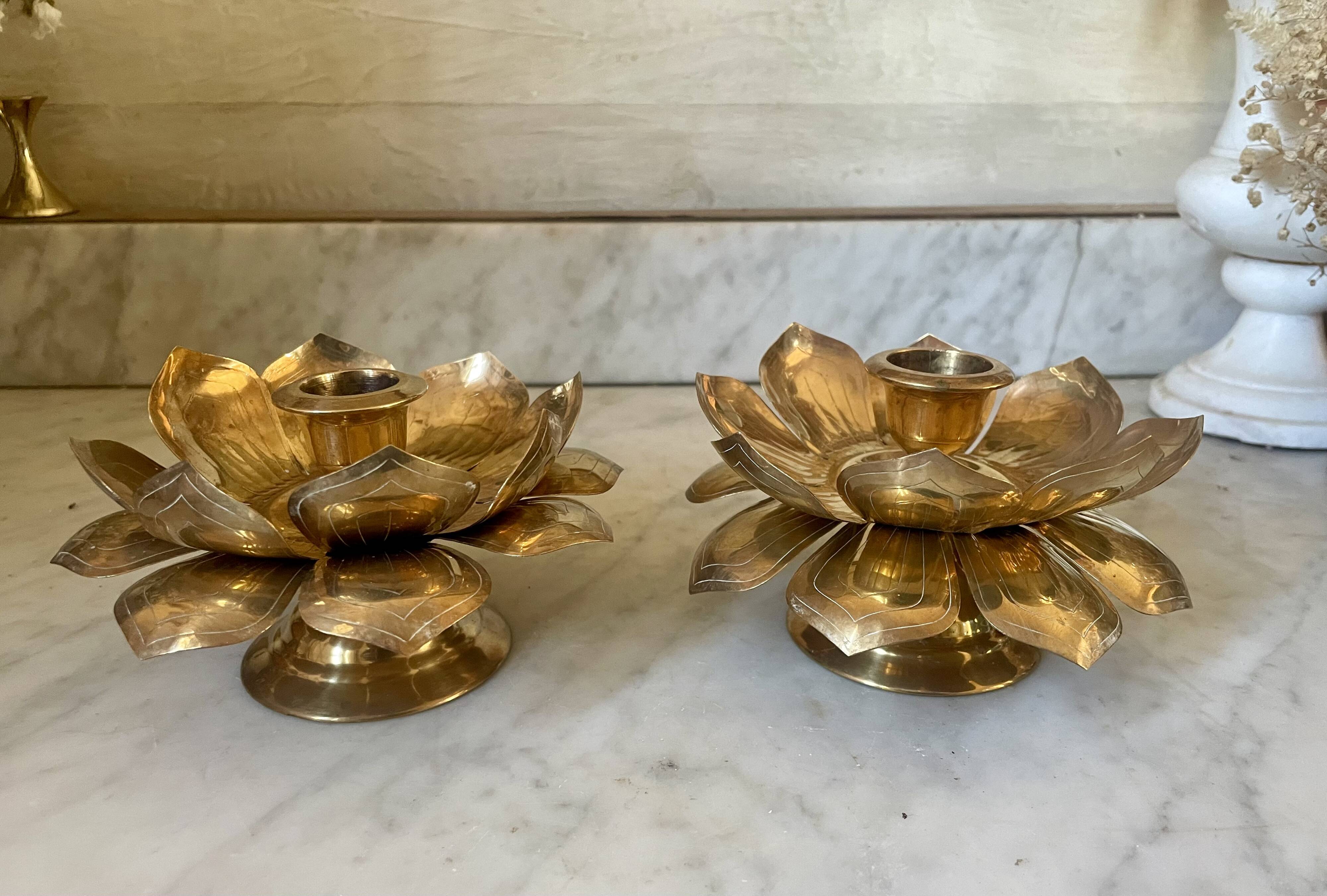 Lotus brass candlestick pair
