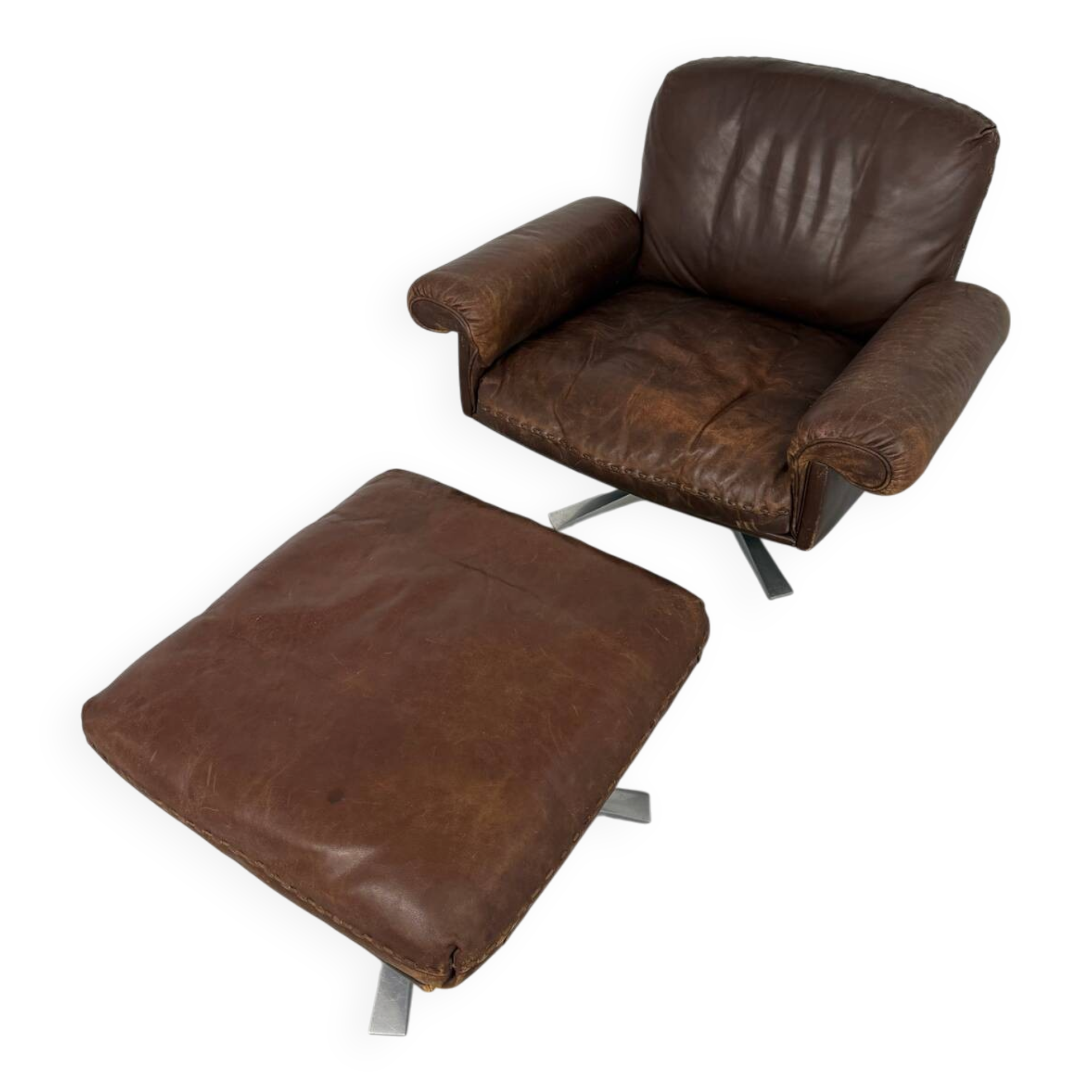 Vintage 70s brown leather ottoman chair design DE SEDE DS-31
