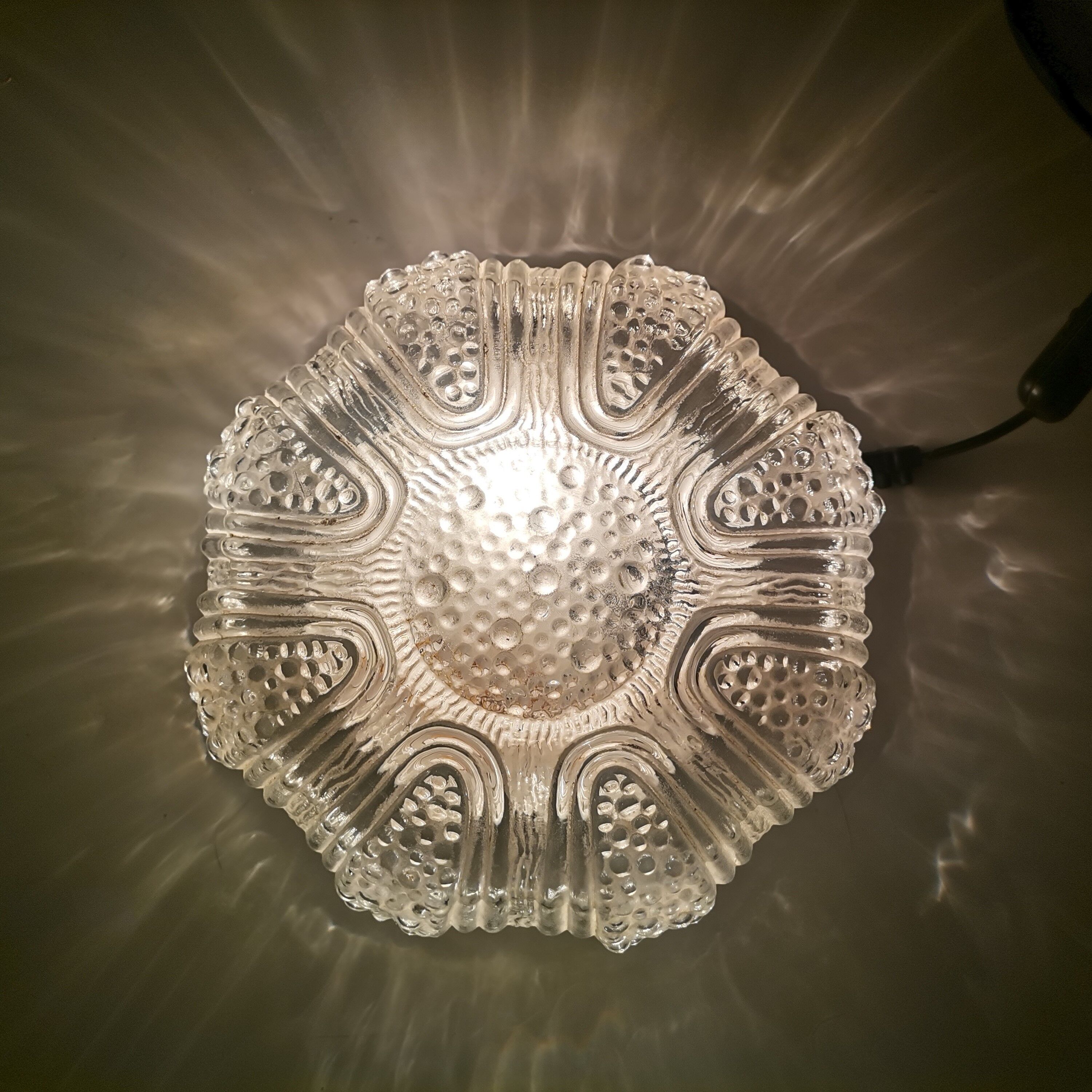 Portuguese mid century clear bubble glass bathroom flush mount light fixture lamp 1970s
