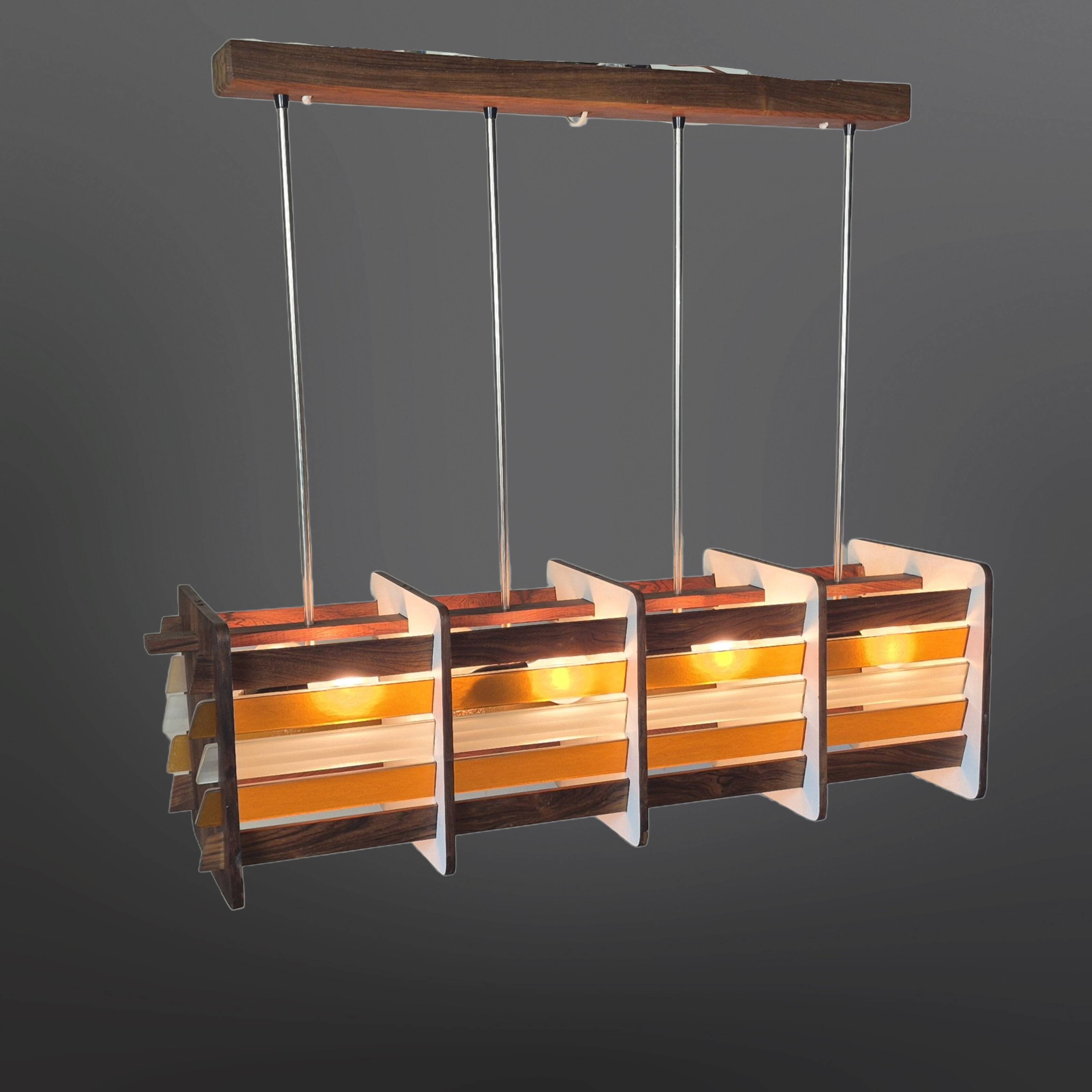 Mid century handcrafted wood and glass chandelier: Netherlands 1960s