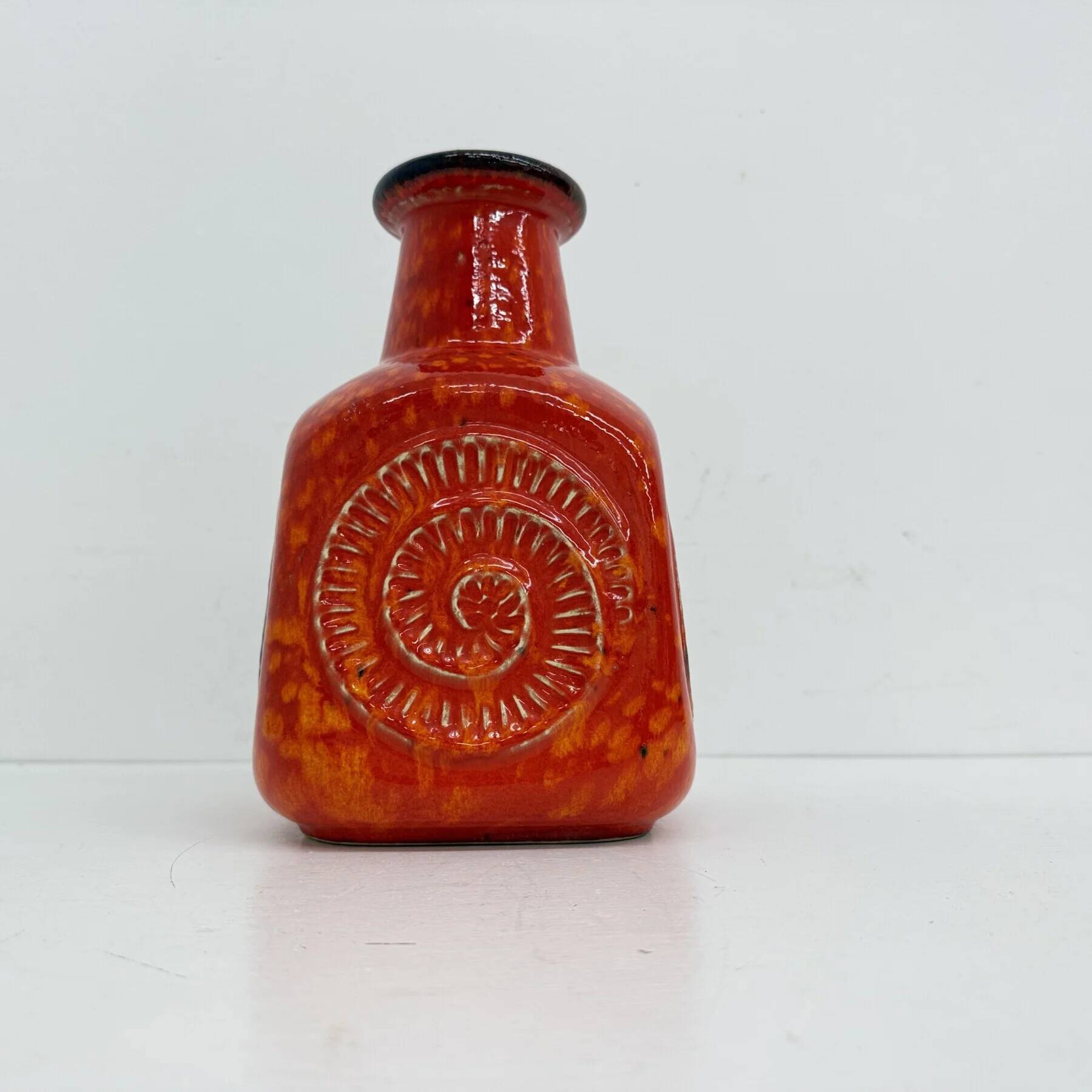 Scheurich West Germany Bay ceramic vase orange with blue fossils, 1970s