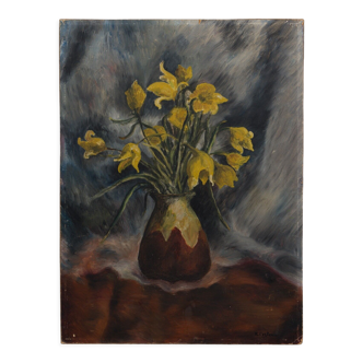Oil on panel with raven or cozbeau still life with bouquet of flowers