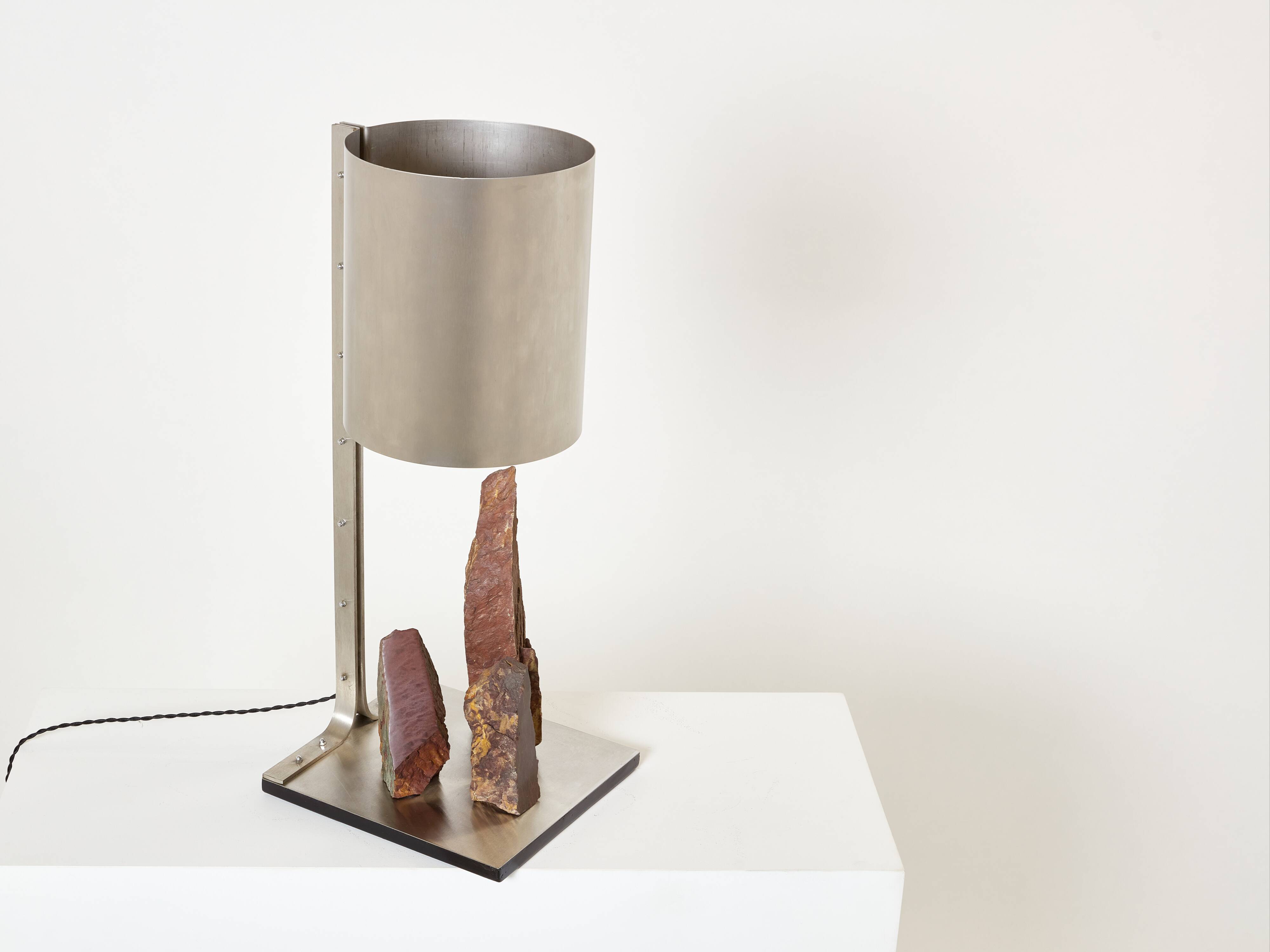 Brutalist lamp signed Philippe Jean steel and red schist 1970