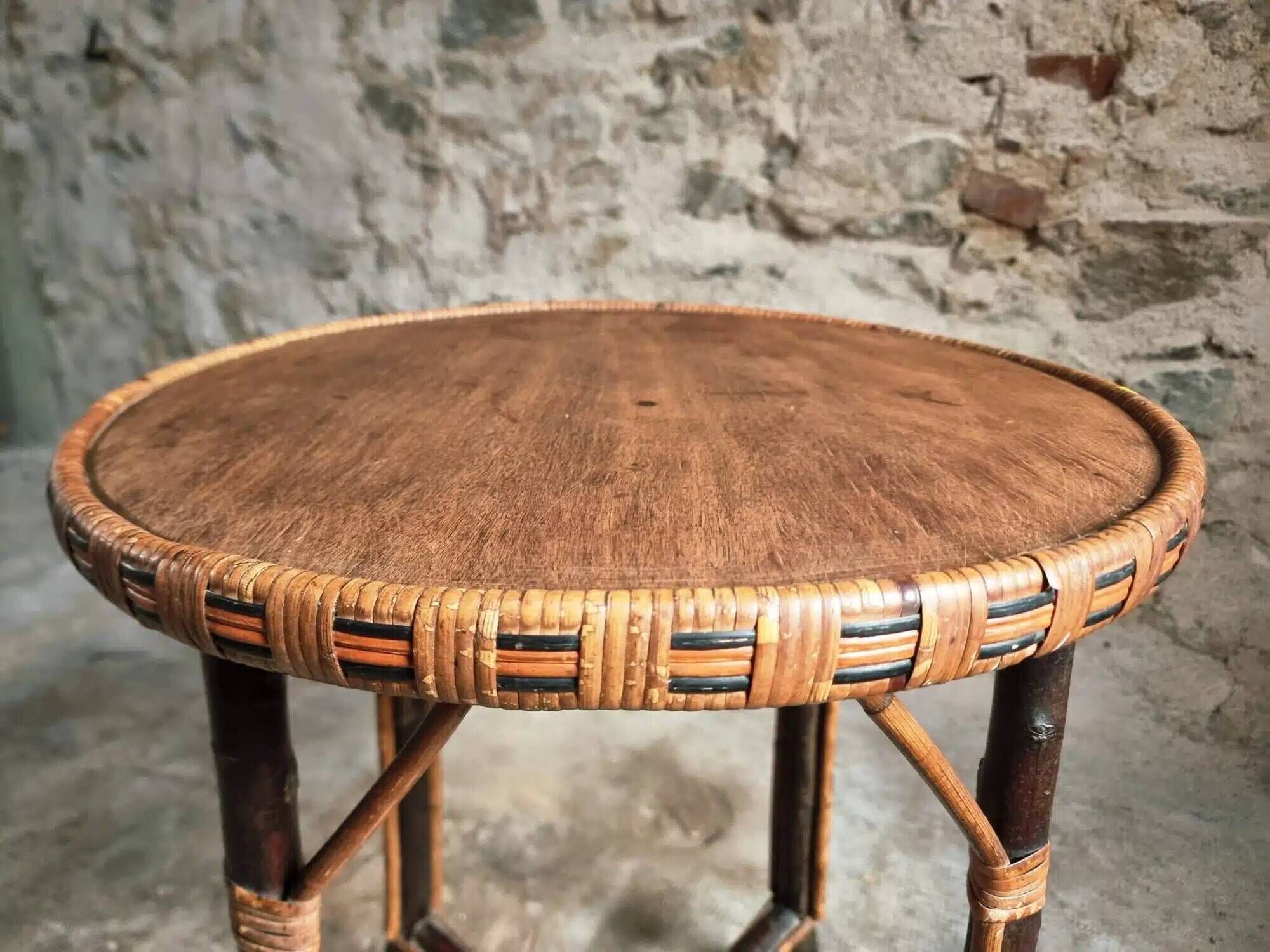 Vintage Round Bamboo and Wood Side Table | Mid-Century Bohemian Accent Table – 1950s/70s