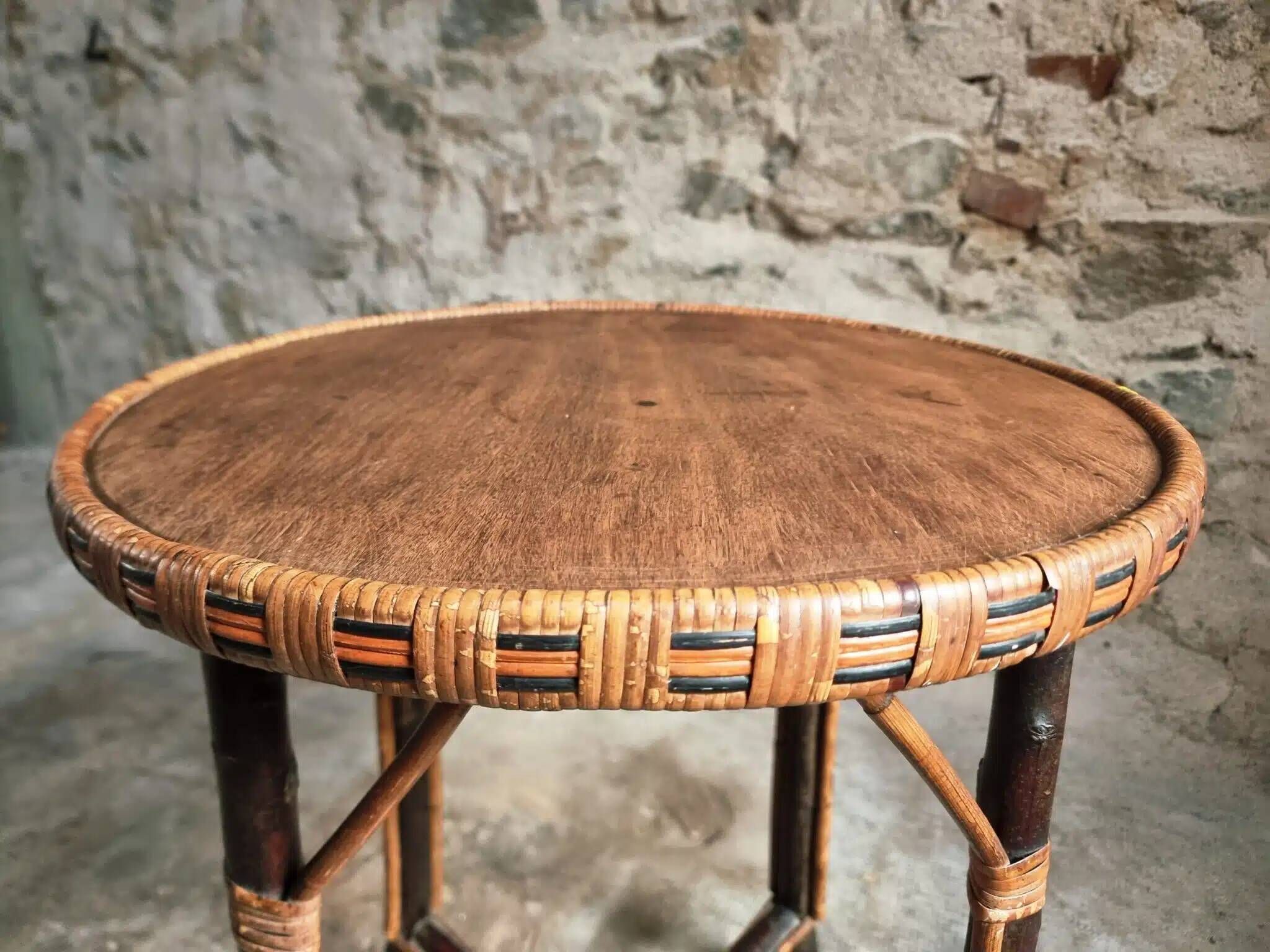Vintage Round Bamboo and Wood Side Table | Mid-Century Bohemian Accent Table – 1950s/70s