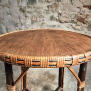 Vintage Round Bamboo and Wood Side Table | Mid-Century Bohemian Accent Table – 1950s/70s