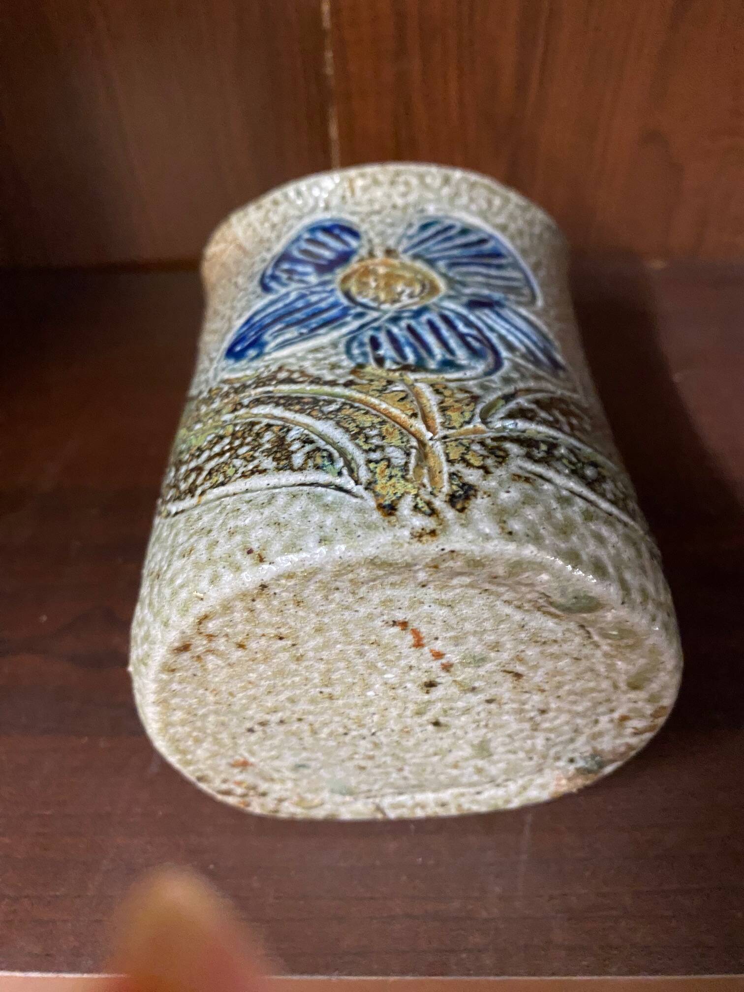 Salt stoneware vase signed jean claude monange blue flower place or hang