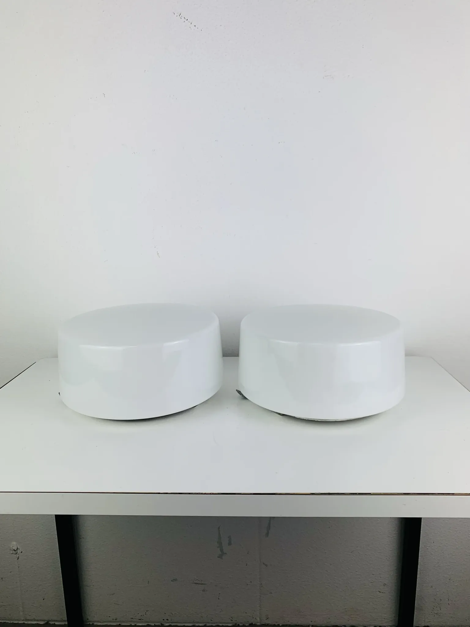 Pair of round opaline wall lights from the 50s/60s, ceiling lights.