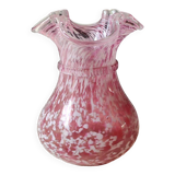 Boule Vase/Clichy Glassware. Scalloped collar. Variegated pink/white. Dim 20 x 15 cm