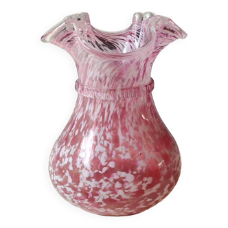 Boule Vase/Clichy Glassware. Scalloped collar. Variegated pink/white. Dim 20 x 15 cm