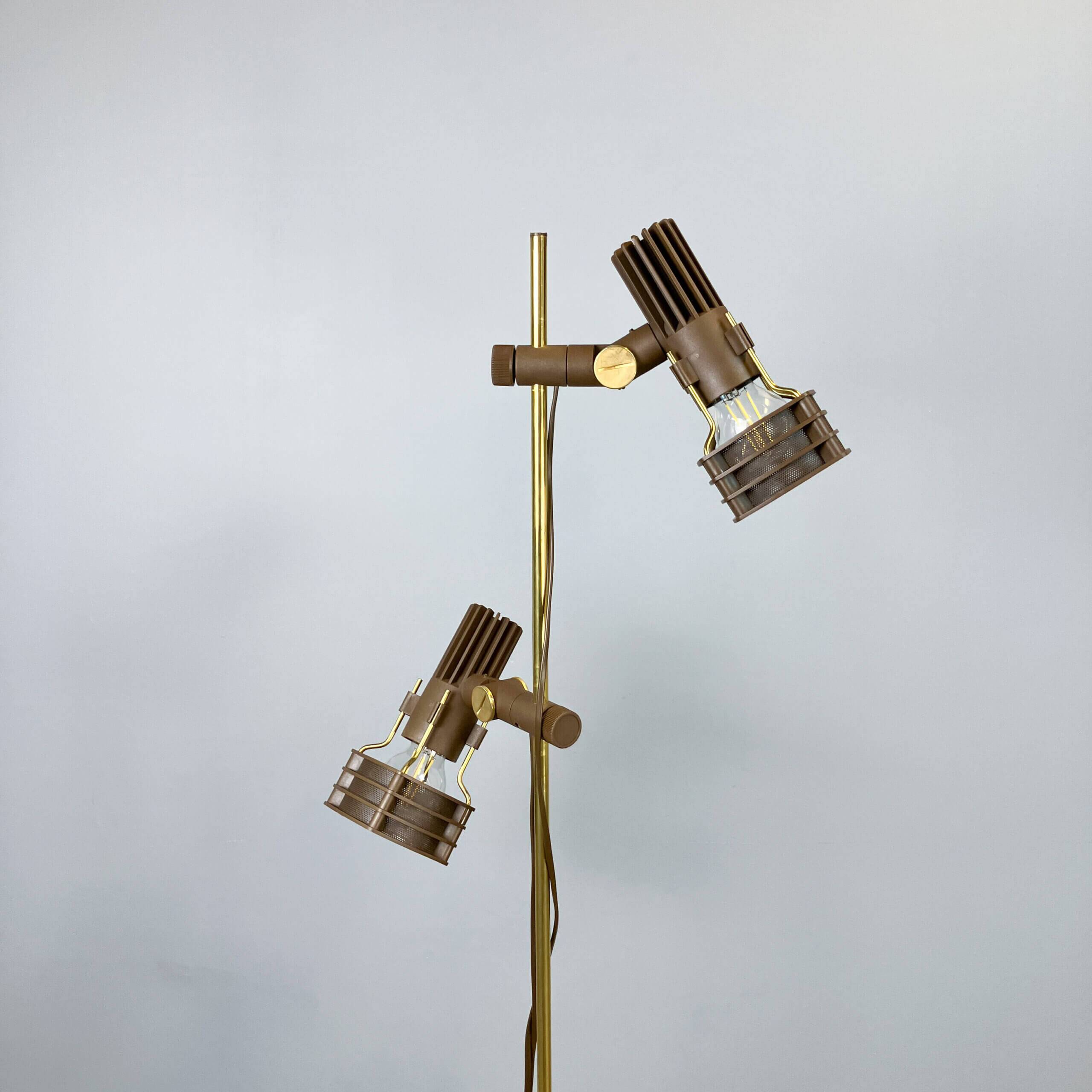 2-bulb floor lamp by Hustadt Leuchten, plastic spotlights on a brass pole, 1970s