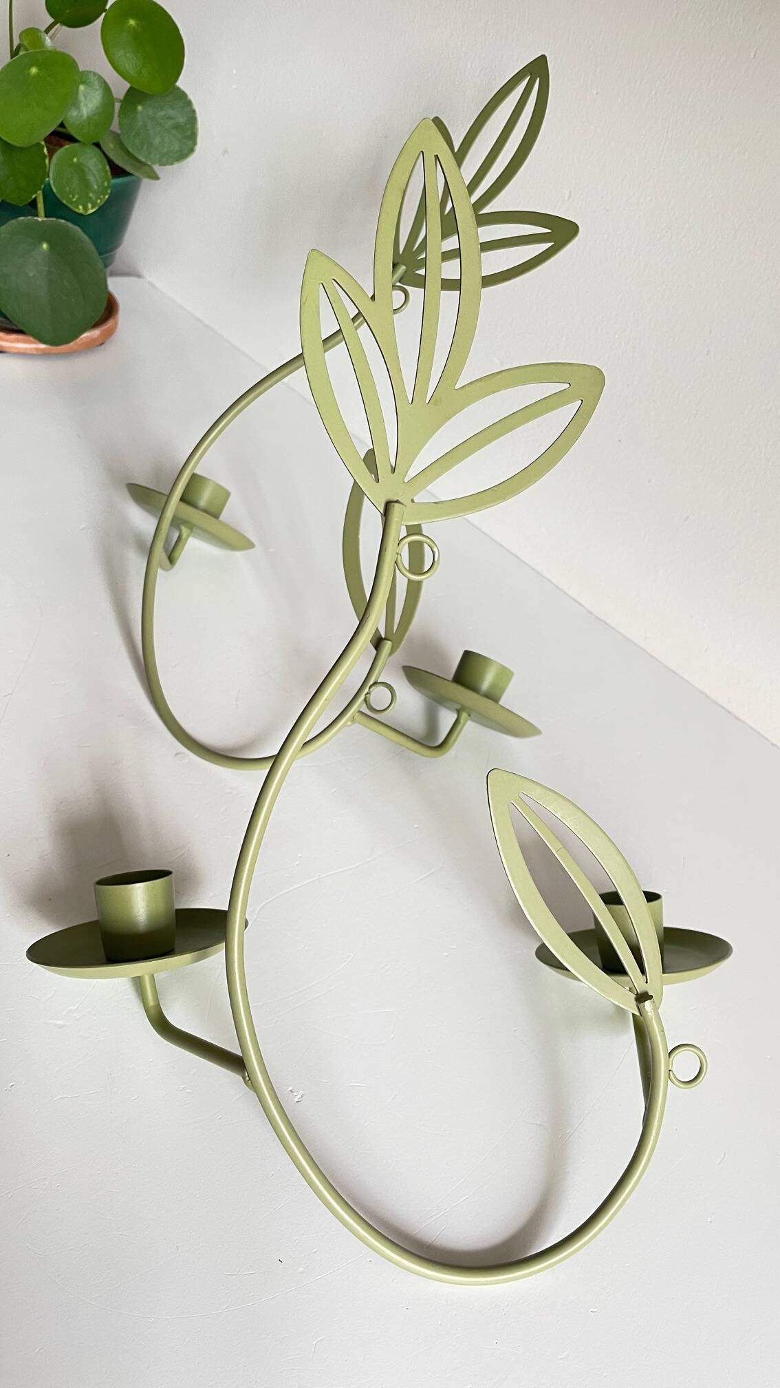Wall Candle Holder, Green Metal Leaves