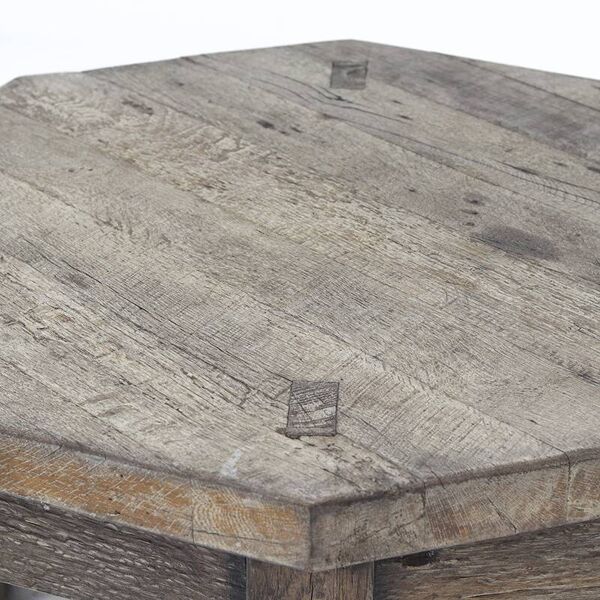 Table basse vintage en chêne brutaliste wabi-sabi patinée