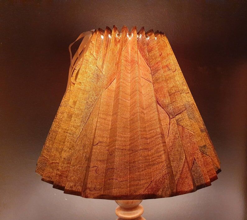Vintage wooden lamp with pleated fabric lampshade 1980
